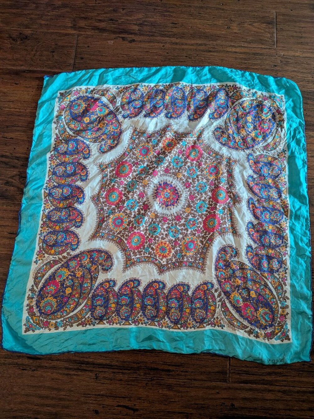 Authentic Vintage Alexandra Signed Silk Scarf Vibrant Teal & Intricate Paisley